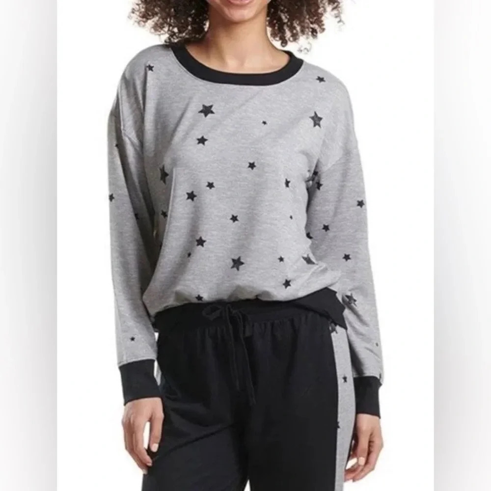 Splendid Star Print Ringer Crewneck Lounge Sweatshirt Grey Black Size M
